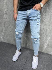 Мужские Рваные Джинсы Зауженные - Синие Узкие