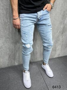 Мужские Рваные Джинсы Зауженные - Синие Узкие