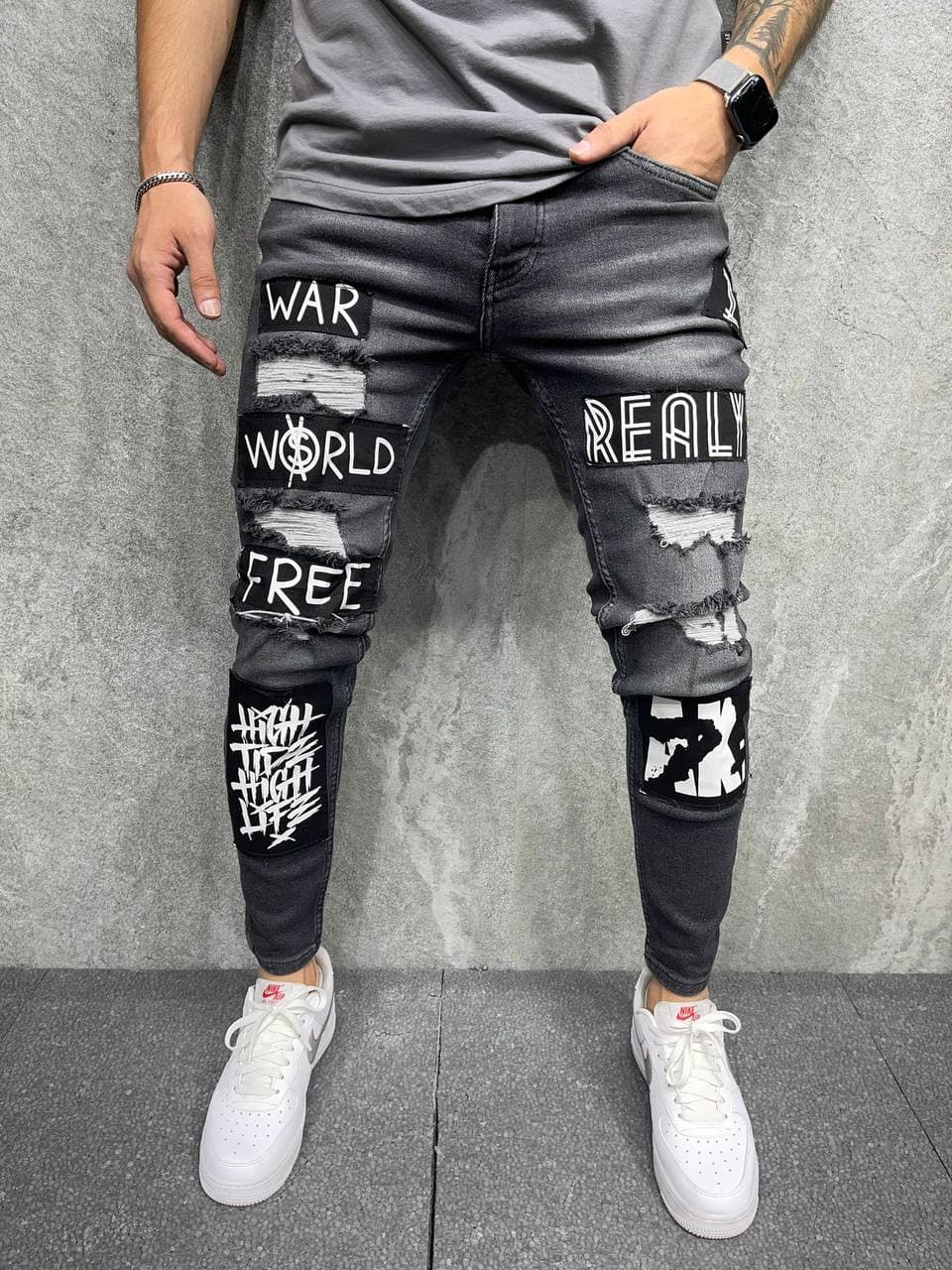 photo_2021-08-19_14-53-41 Мужские Джинсы Зауженные Рваные - Серые с Нашивками Узкие