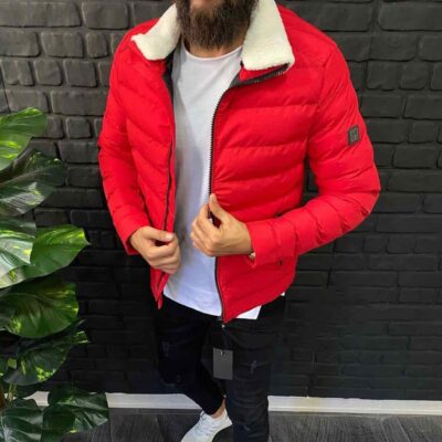 Мужская Красная Куртка - Короткая с Меховым Воротником