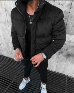 Мужская Зимняя Куртка Вельветовая Черная - Стеганый Пуховик