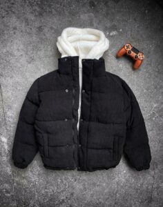 Мужская Зимняя Куртка Вельветовая Черная - Стеганый Пуховик