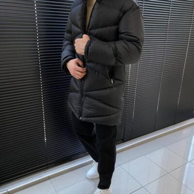 Мужская Удлиненная Зимняя Куртка Черного Цвета - Стеганая с Высоким Воротником Стойкой
