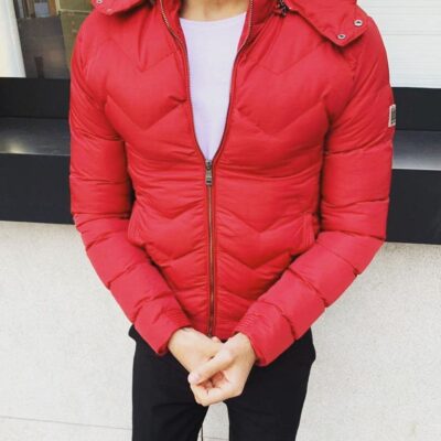 Мужская Красная Куртка - Короткая со Съемным Капюшоном Стеганая