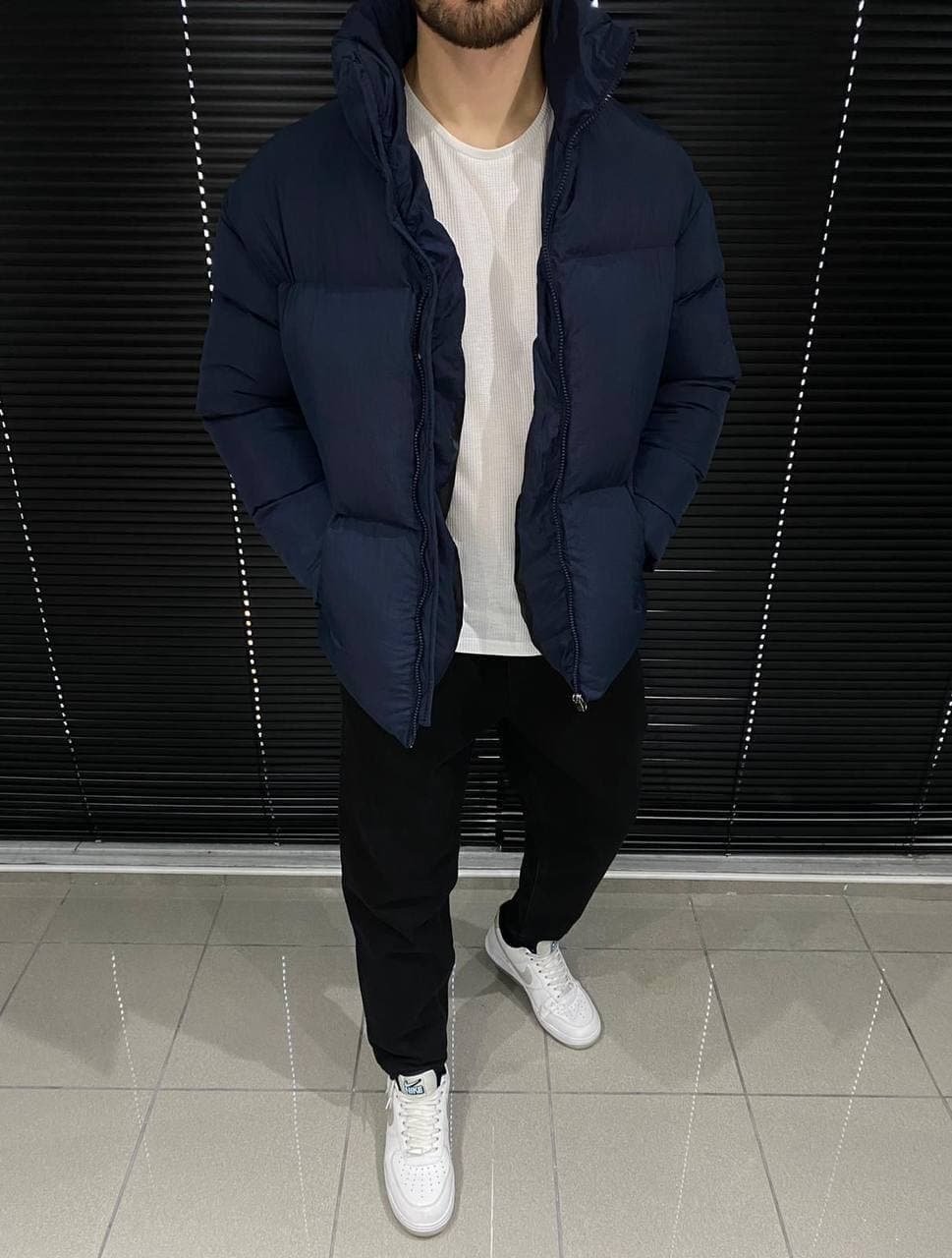 photo_2021-12-08_14-36-04 Мужская Зимняя Курточка Синяя - Стеганая Дутая с Высоким Воротником