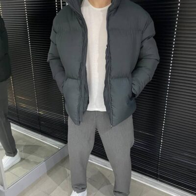 Мужская Зимняя Курточка Серая - Стеганая Дутая с Высоким Воротником