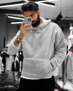 Мужское Светло-Серое Плюшевое Худи - Плюшевая Кофта Оверсайз