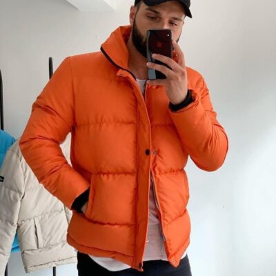 Мужская Зимняя Куртка Яркая Оранжевая Стеганая с Высоким Воротником