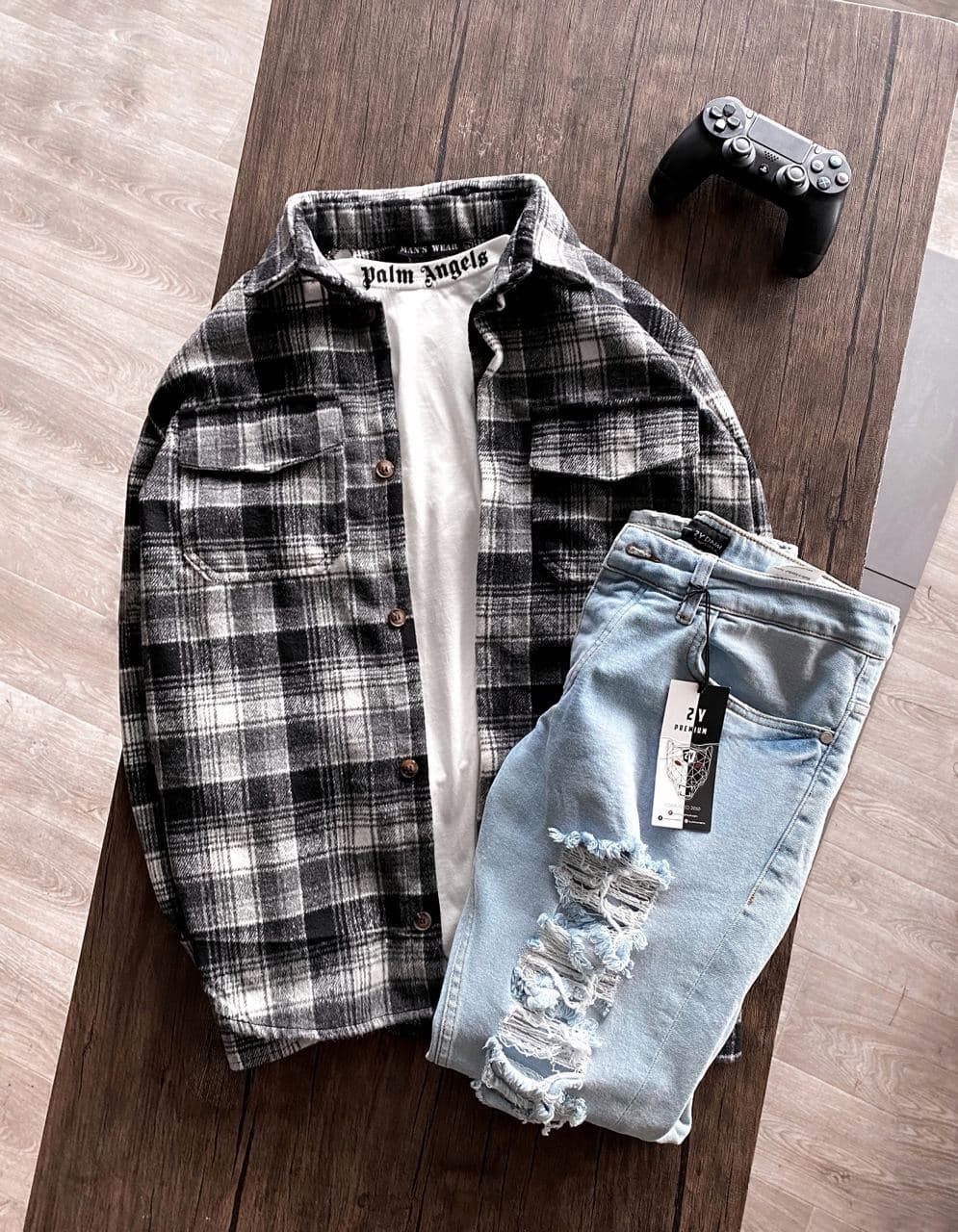 photo_2021-12-22_17-02-50 Мужская Утепленная Рубашка Черная Белая в Клетку - Свободная Плотная