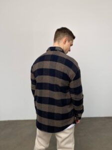 Мужская Коричневая Синяя Рубашка в Клетку - Теплая Байковая Оверсайз Хлопковая