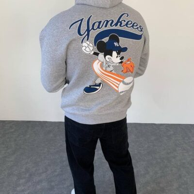 Мужское Серое Худи Оверсайз Утепленное Yankees - Толстовка На флисе с маской и капюшоном Янкиз