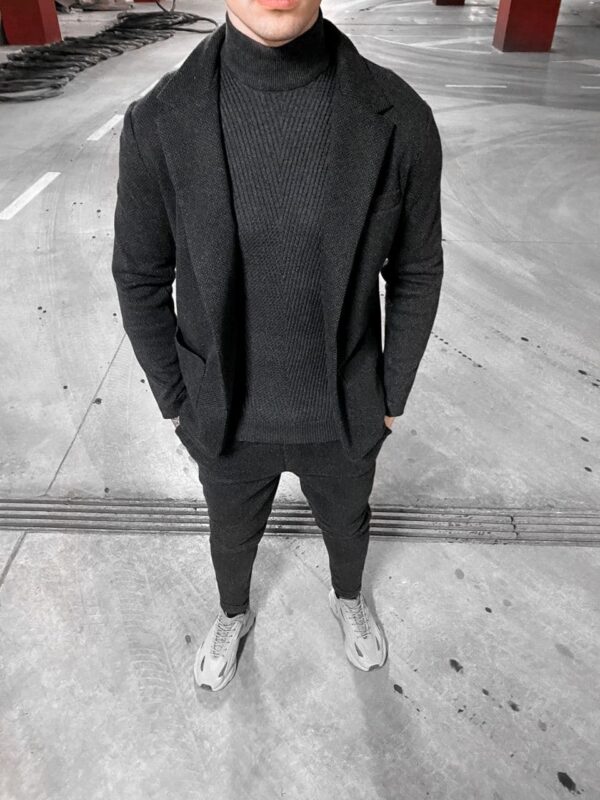 Мужской Серый Костюм Однотонный Slim Fit - Трикотажный Теплый Классический Слим Фит Приталенный (Пиджак + Брюки)
