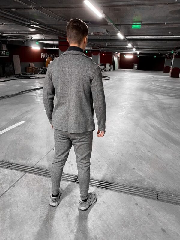 Мужской Серый Костюм Slim Fit Елочка - Трикотажный Теплый Классический Слим Фит Приталенный (Пиджак + Брюки)