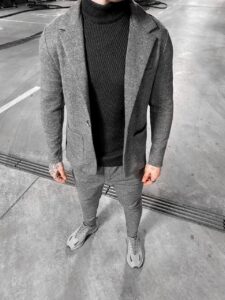 Мужской Серый Костюм Slim Fit Меланж - Трикотажный Теплый Классический Слим Фит Приталенный (Пиджак + Брюки)