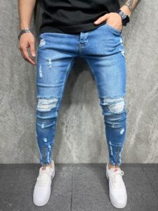 Мужские Голубые Джинсы Узкие - Зауженные Рваные с Дырками и Молниями