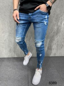 Мужские Голубые Джинсы Узкие - Зауженные Рваные с Дырками и Молниями