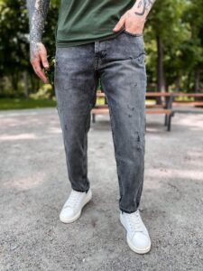 Мужские Серые Джинсы МОМ Базовые Рваные - Бананы Бойфренды Свободные с Дырками и Потертостями