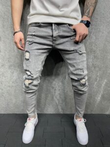 Мужские Серые Джинсы Узкие - Зауженные Рваные с Дырками и Потертостями