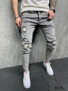 Мужские Серые Джинсы Узкие - Зауженные Рваные с Дырками и Потертостями