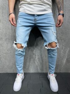 Мужские Светлые Голубые Джинсы Узкие - Зауженные Рваные с Дырками и Потертостями