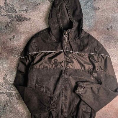 Мужская Черная Джинсовая Куртка - Комбинированная Джинсовка с Капюшоном на Молнии