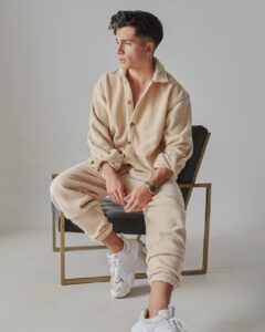 Мужской Бежевый Костюм Оверсайз Мягкий - Утепленный на флисе (Рубашка + Штаны)