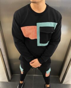 Мужской Черный Спортивный Костюм - Оверсайз с Накладными Карманами и Нашивками (Свитшот + Штаны)