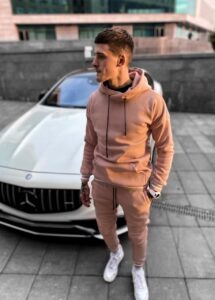 Мужской Пудровый Спортивный Костюм Утепленный - Бежевый Теплый на флисе Однотонный (Худи + Штаны)