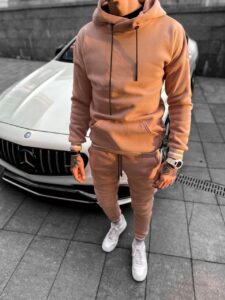 Мужской Пудровый Спортивный Костюм Утепленный - Бежевый Теплый на флисе Однотонный (Худи + Штаны)