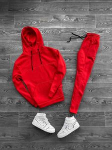 Мужской Красный Костюм Спортивный - Хлопковый Однотонный (Худи + Штаны)