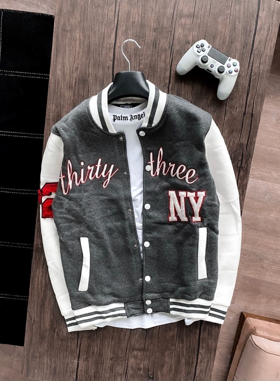 Мужской Серый Бомбер New York Yankees - Кофта с Манжетом на Кнопках Заклепках Нью Йорк Янкиз