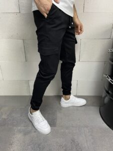 Мужские Спортивные Штаны Черные - Свободные с Накладными Карманами на Манжетах
