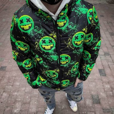 Мужская Стёганная Куртка - Укороченный Пуховик с Принтом в Черно-Зеленом Цвете