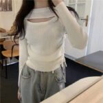 Женская Теплая Кофта Белая - Трикотаж Рубчик на Затяжках с Вырезом