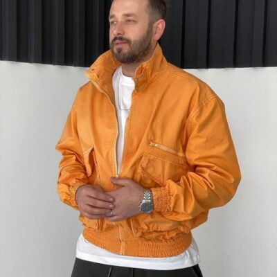 Мужская Оранжевая Куртка Ветровка Оверсайз - Коттонка на Молнии с Высоким Воротником