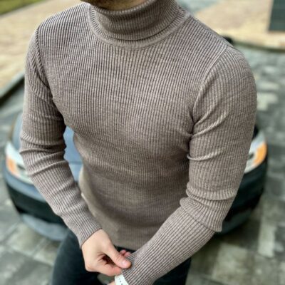 Мужской Коричневый Свитер Гольф - в Рубчик Классический Приталенного Кроя