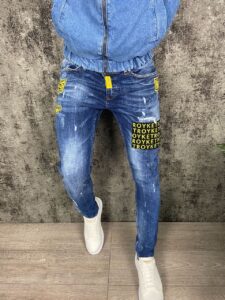 Мужские Джинсы Синего Цвета с Потертостям - Джинсовые Штаны с Надписью
