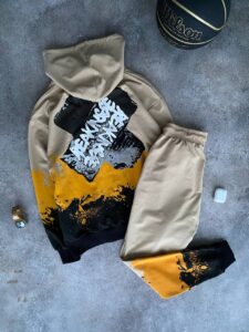 Мужской Спортивный Костюм Бежевый Оверсайз – с Принтомами Надписями на Манжетах (Худи + Штаны)