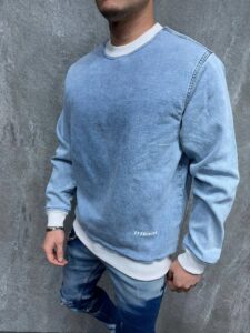 Мужской Голубой Джинсовый Свитшот - на Белых Манжетах Свободный