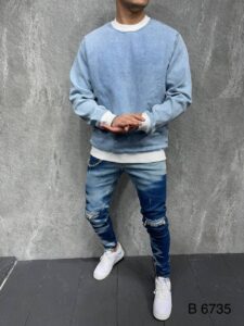 Мужской Голубой Джинсовый Свитшот - на Белых Манжетах Свободный