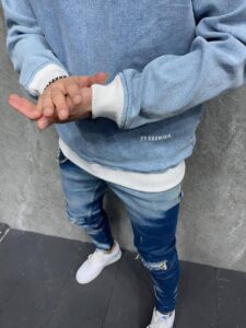 Мужской Голубой Джинсовый Свитшот - на Белых Манжетах Свободный