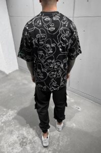 Мужская Черная Футболка - Оверсайз Кроя в Принт Лица с Узором Рисунком