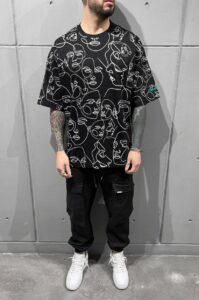 Мужская Черная Футболка - Оверсайз Кроя в Принт Лица с Узором Рисунком
