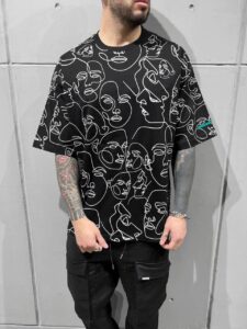 Мужская Черная Футболка - Оверсайз Кроя в Принт Лица с Узором Рисунком