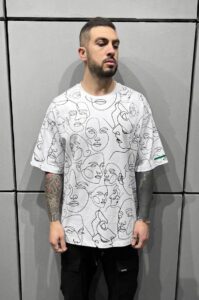 Мужская Белая Футболка - Оверсайз Кроя в Принт Лица с Узором Рисунком