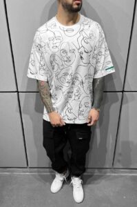 Мужская Белая Футболка - Оверсайз Кроя в Принт Лица с Узором Рисунком