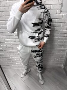 Мужской Белый Спортивный Костюм Оверсайз - на Манжетах с Принтом Узором (Худи + Штаны)
