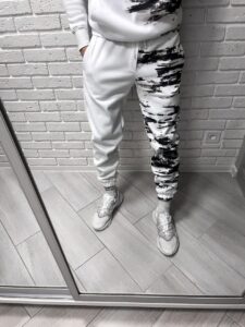 Мужской Белый Спортивный Костюм Оверсайз - на Манжетах с Принтом Узором (Худи + Штаны)