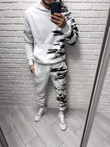 Мужской Белый Спортивный Костюм Оверсайз - на Манжетах с Принтом Узором (Худи + Штаны)