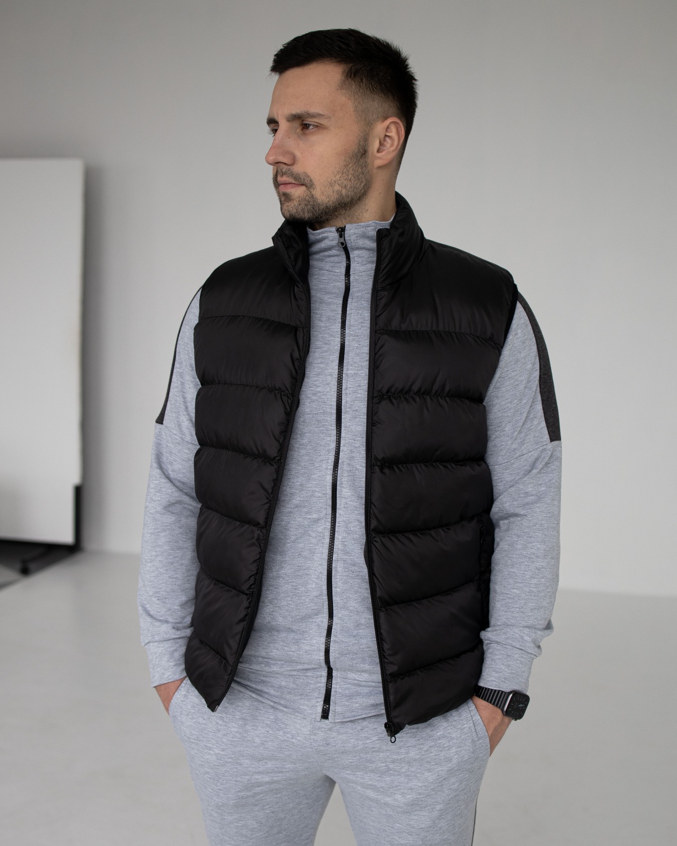 product-1440 Мужской Черный Жилет - Стеганая Жилетка на Молнии с Высоким Воротником